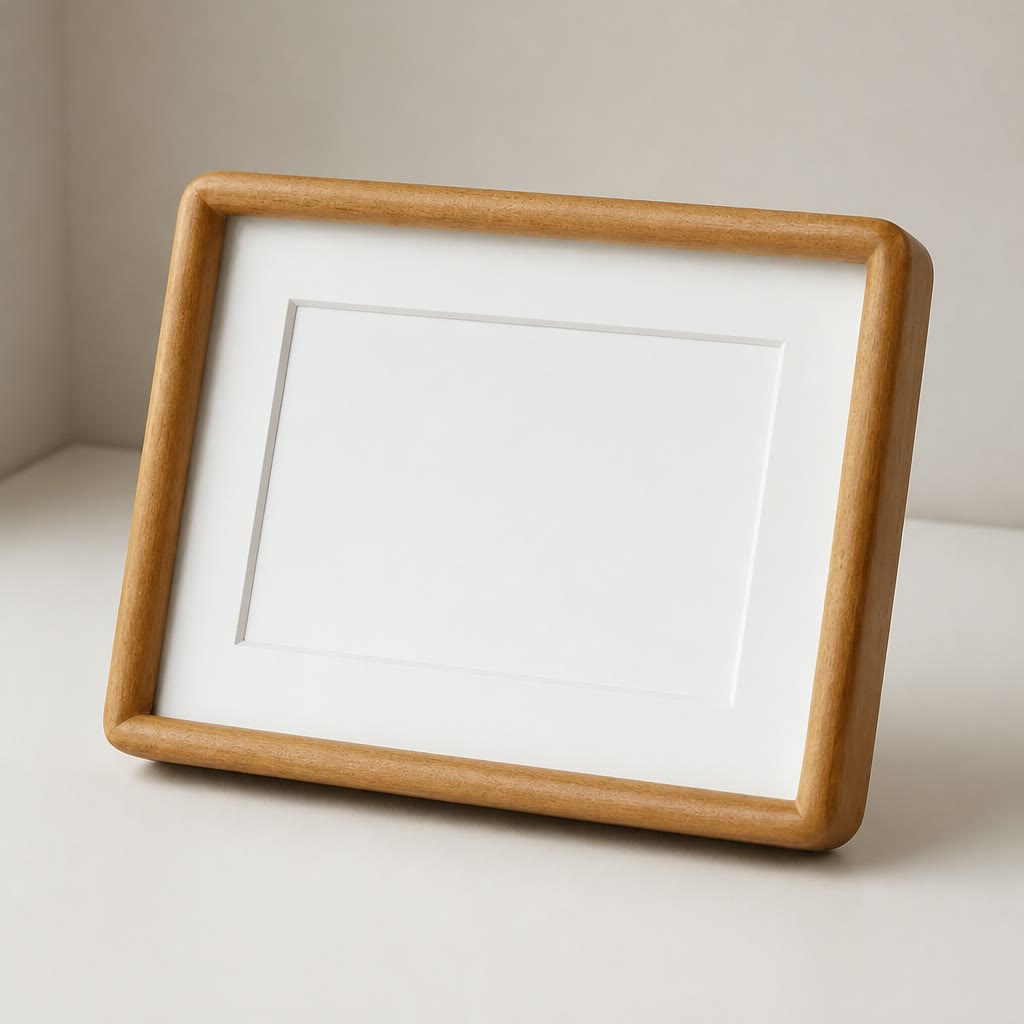 Wooden tabletop photo frame with a white mat and blank inner opening.