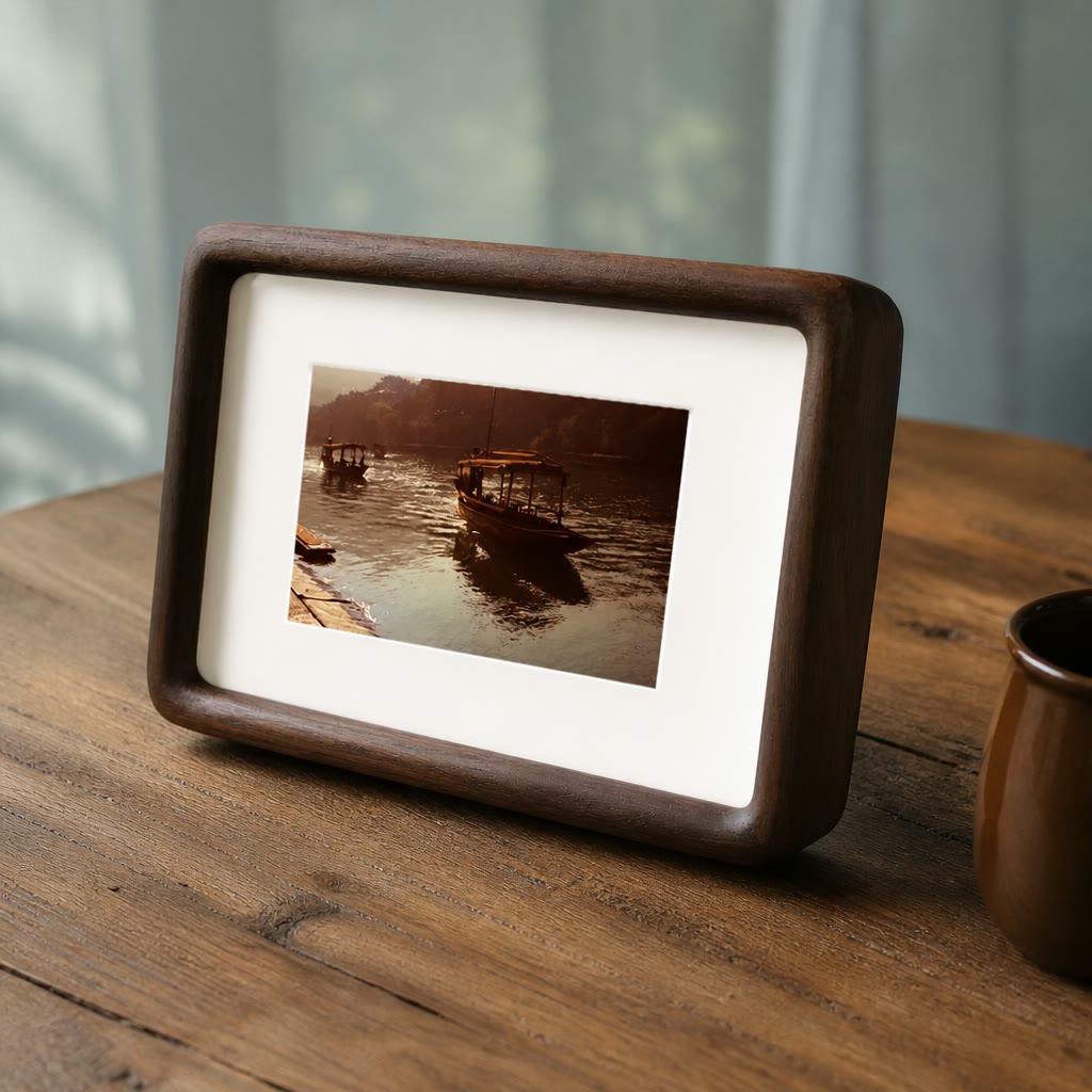 Wooden tabletop photo frame with glowing white mat displaying a sepia boat scene.