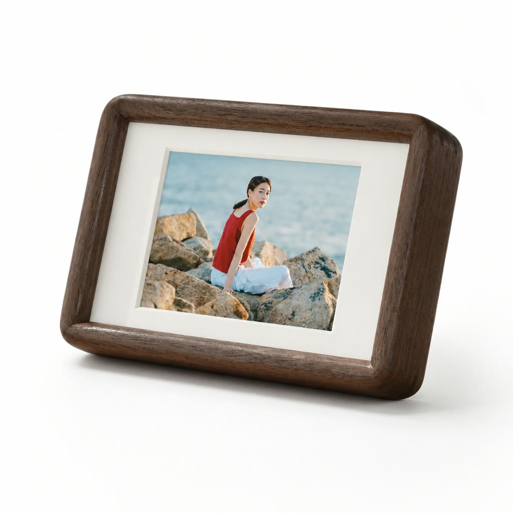 Brown wooden tabletop photo frame with a white mat and a seaside portrait inside.