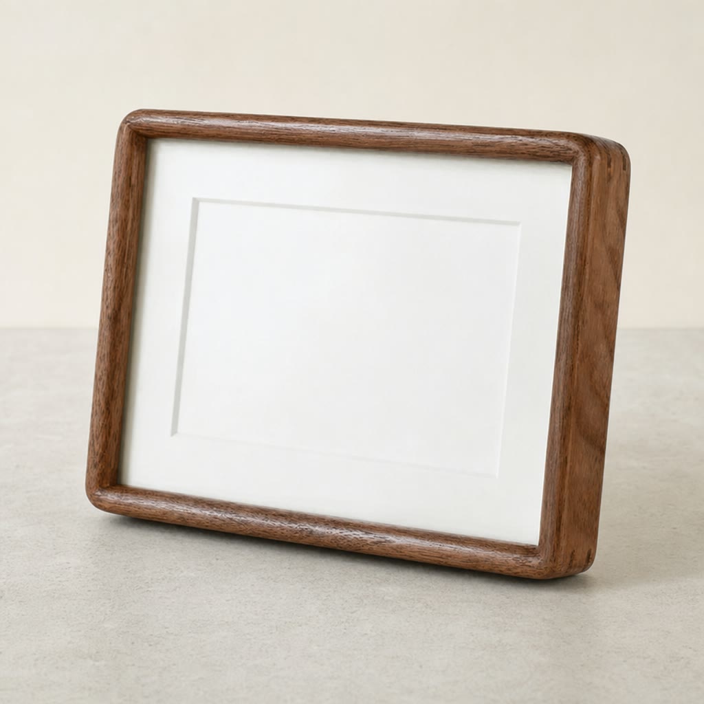 Wooden photo frame with white mat leaning on a light tabletop.
