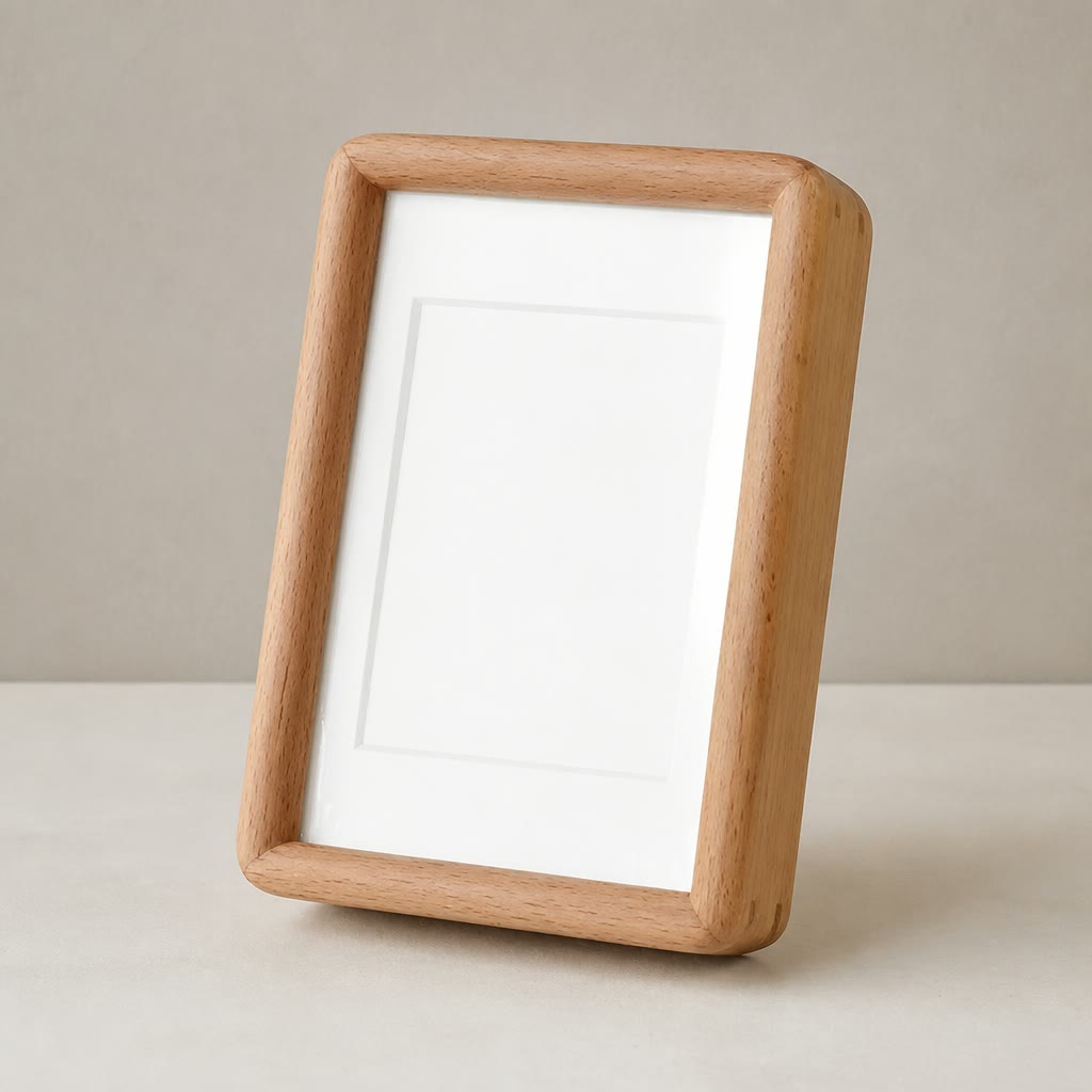 Light wooden picture frame with a blank white mat leaning on a pale tabletop.