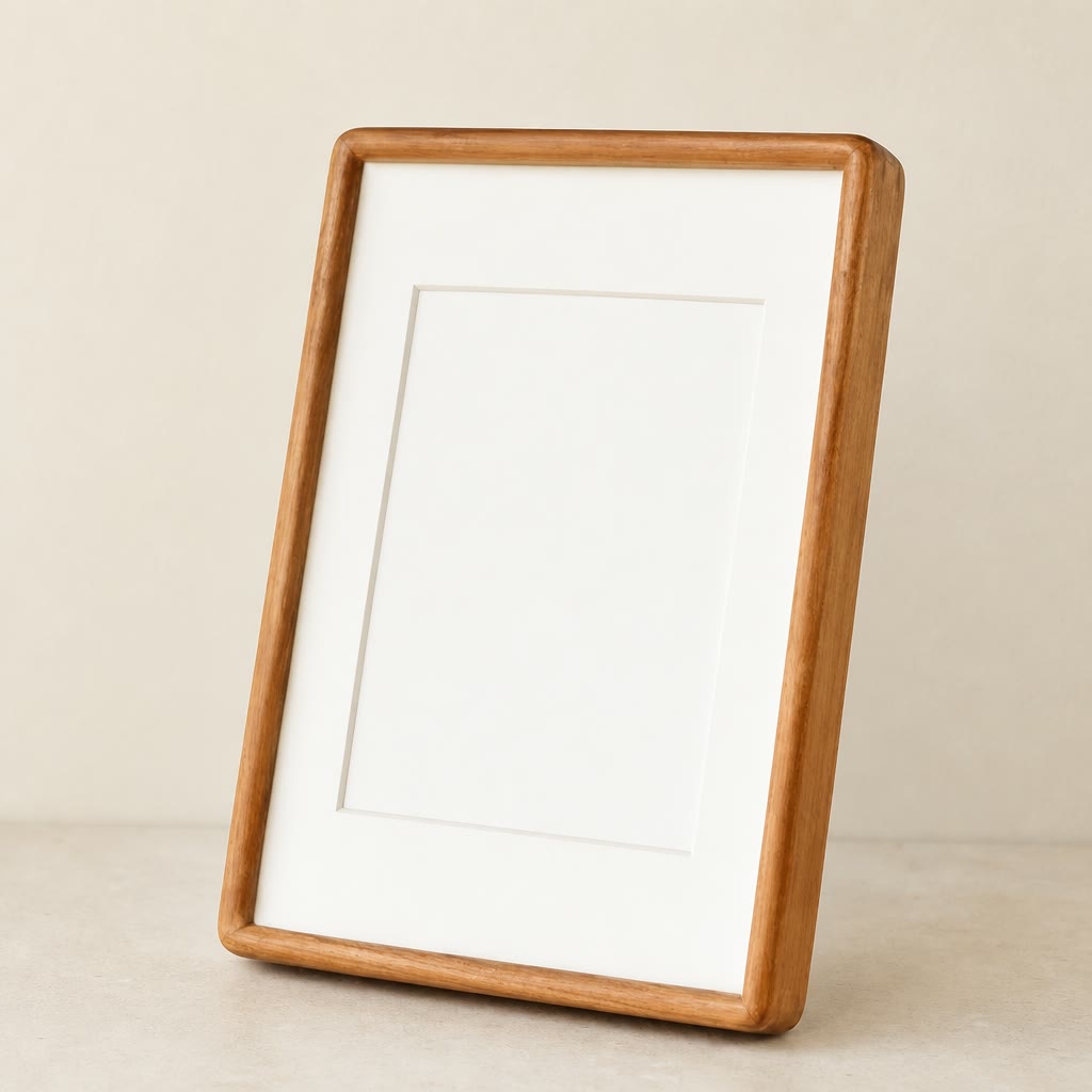 Wooden picture frame with white mat leaning on a neutral tabletop.
