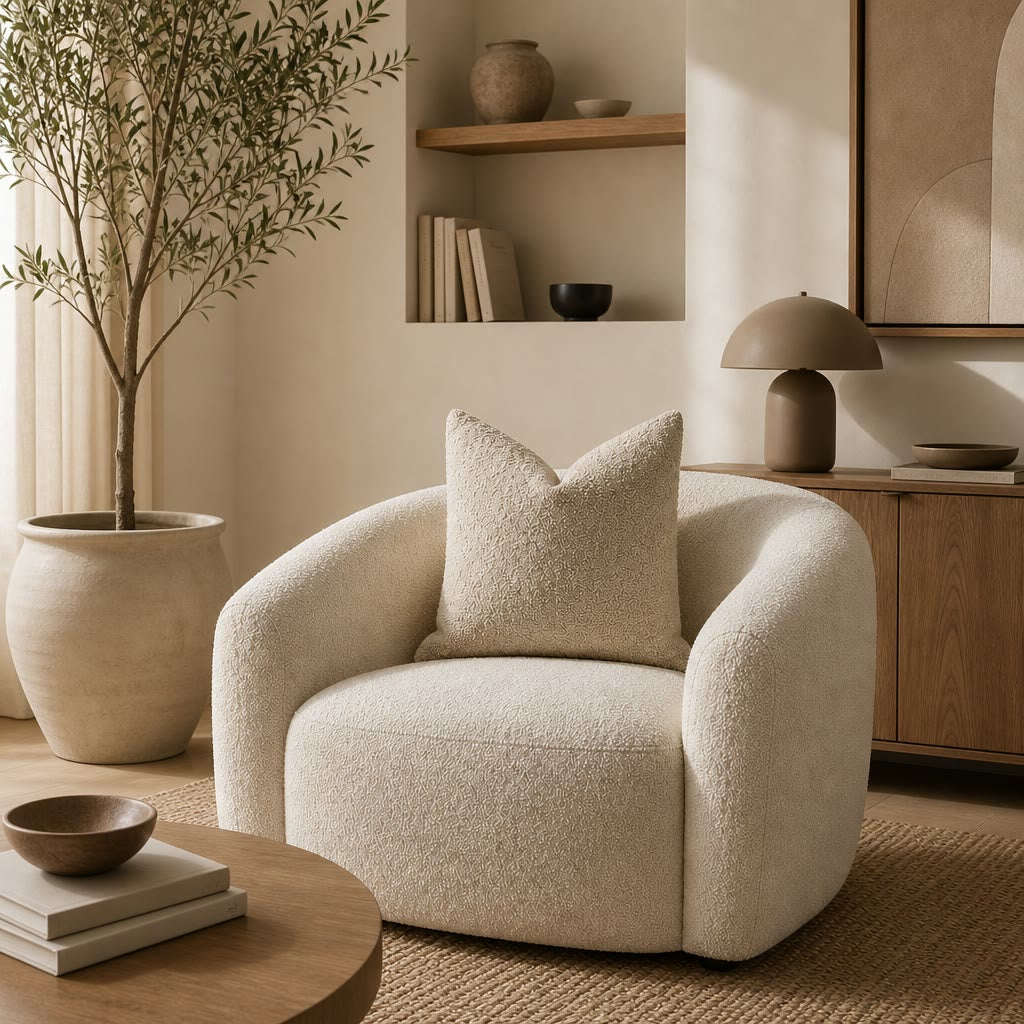 Cream boucle armchair with rounded arms and a matching textured pillow in a warm neutral living room.