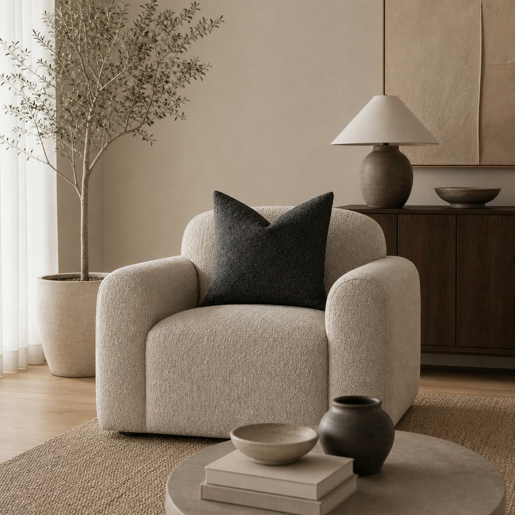 Cream boucle lounge chair with rounded arms and a dark charcoal pillow in a warm neutral living room.
