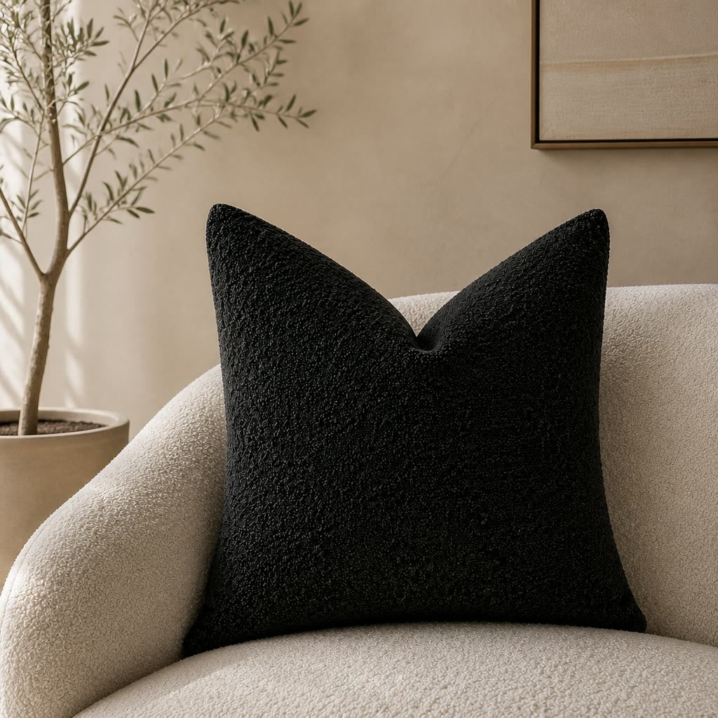 Black textured square throw pillow on a cream boucle armchair in a neutral living room.