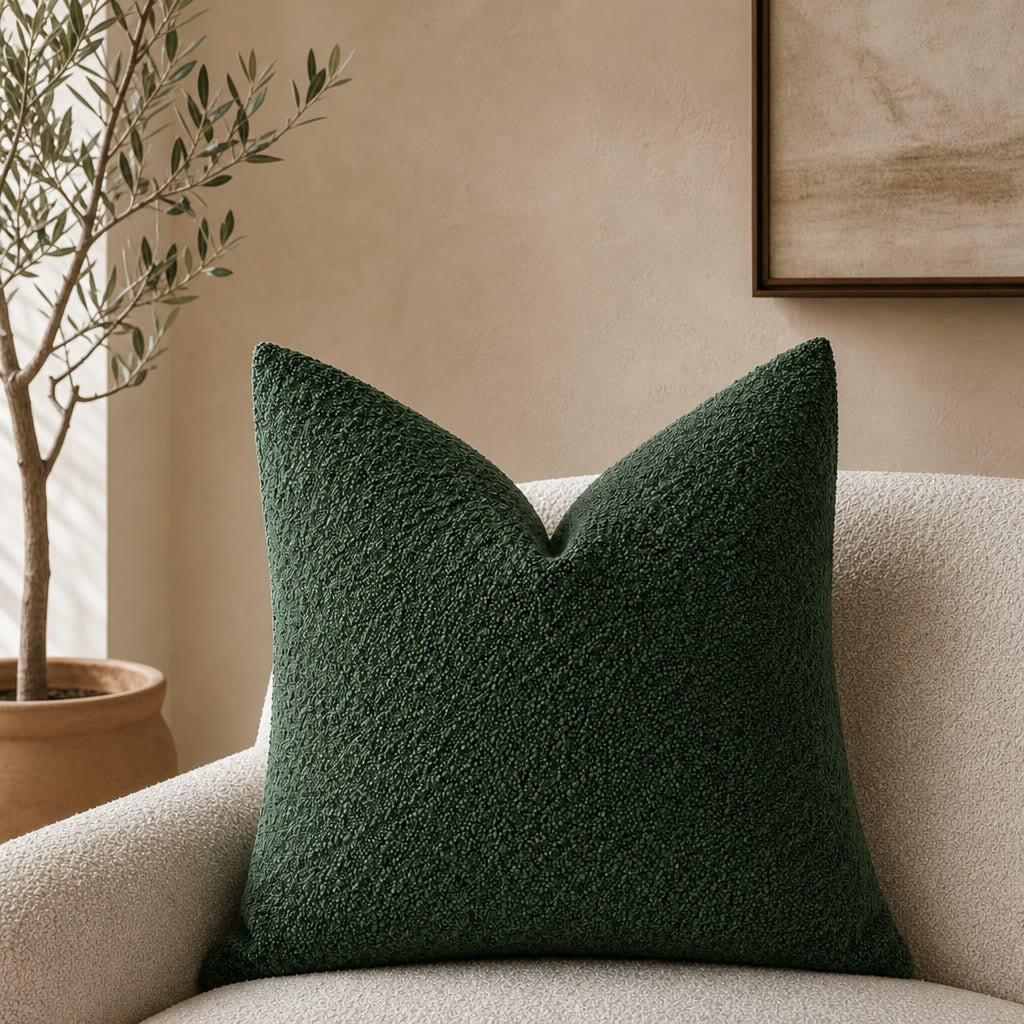 Dark green textured square throw pillow on a cream boucle chair in a neutral living room.