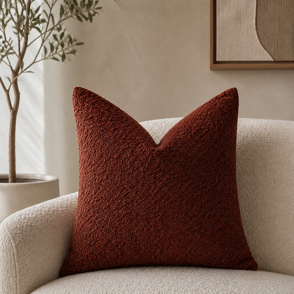 Rust red textured square pillow on a cream boucle armchair in a warm neutral room.
