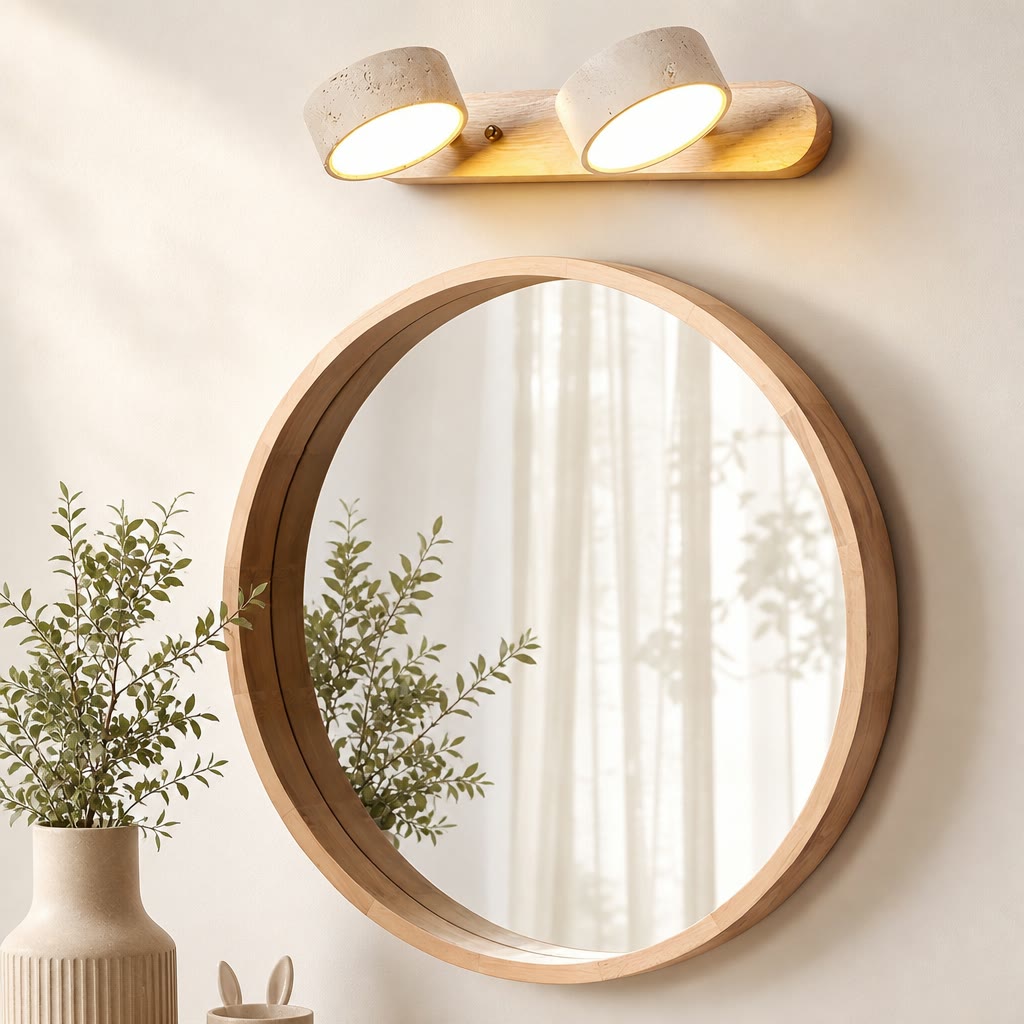 Wooden two-light vanity fixture above a round wood-framed mirror on a soft neutral wall.