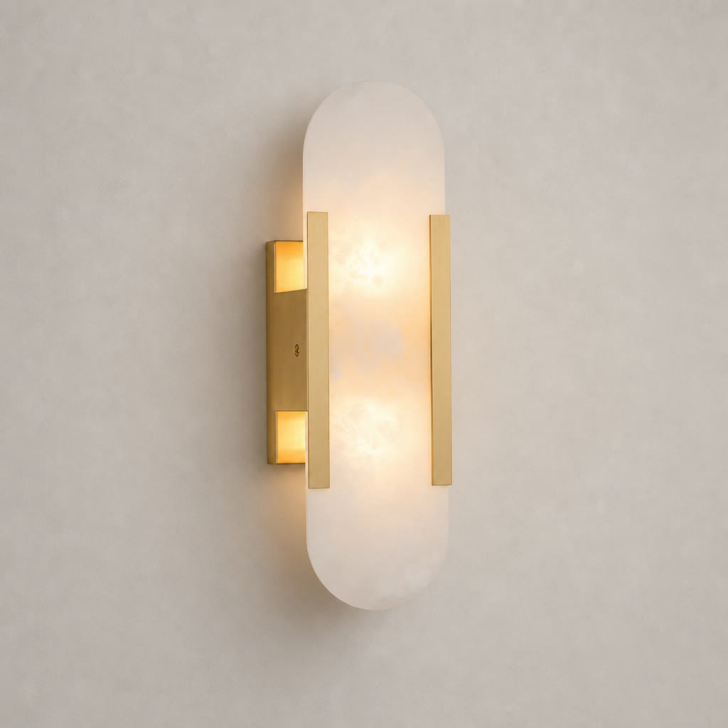 Glowing oval frosted glass wall sconce with slim gold vertical accents.