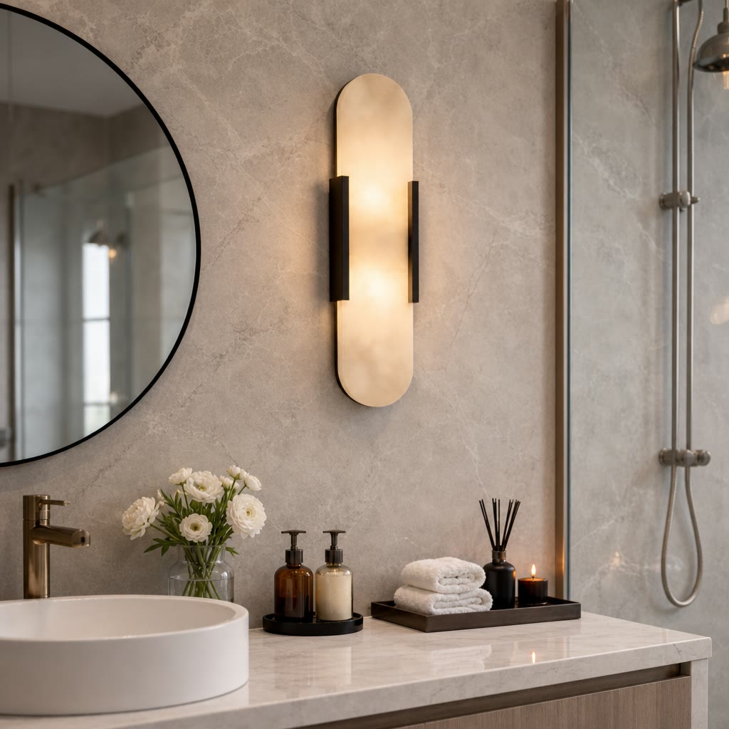 Warm vertical frosted wall sconce with dark side brackets above a marble bathroom vanity.