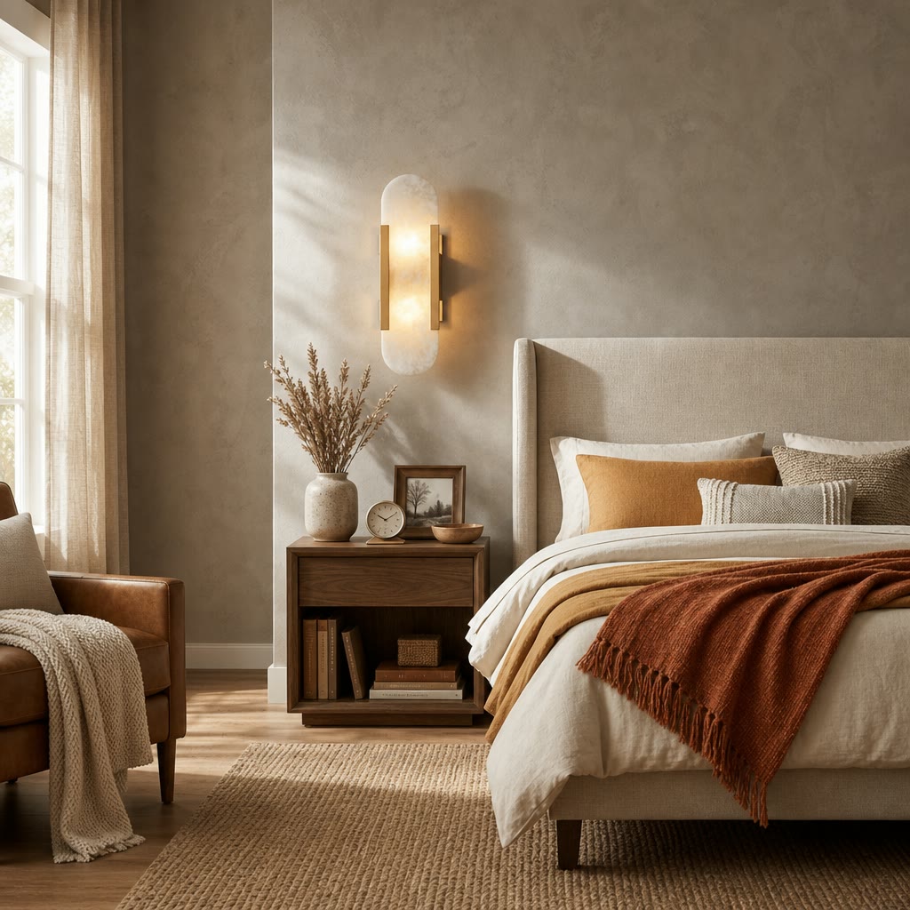 Brass and frosted glass wall sconce glowing above a cozy neutral bedside scene.