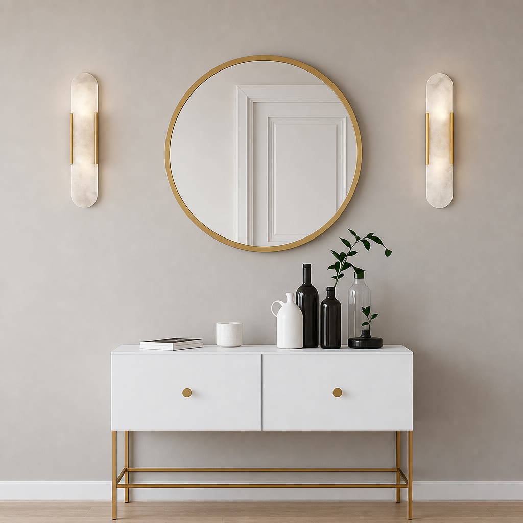 White two-drawer console with gold accents, round mirror, wall sconces, and decorative vases.