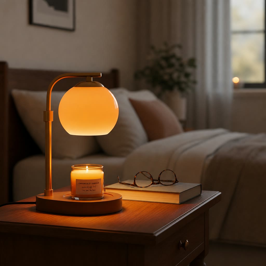 A glass candle warmer lamp casting a soft orange glow next to a book and glasses on a bedside table.