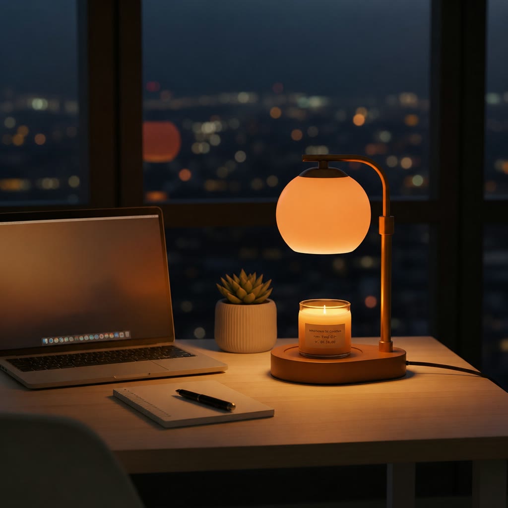 An elegant glass candle warmer lamp emitting a soft orange glow on a desk next to a laptop and a small potted plant.