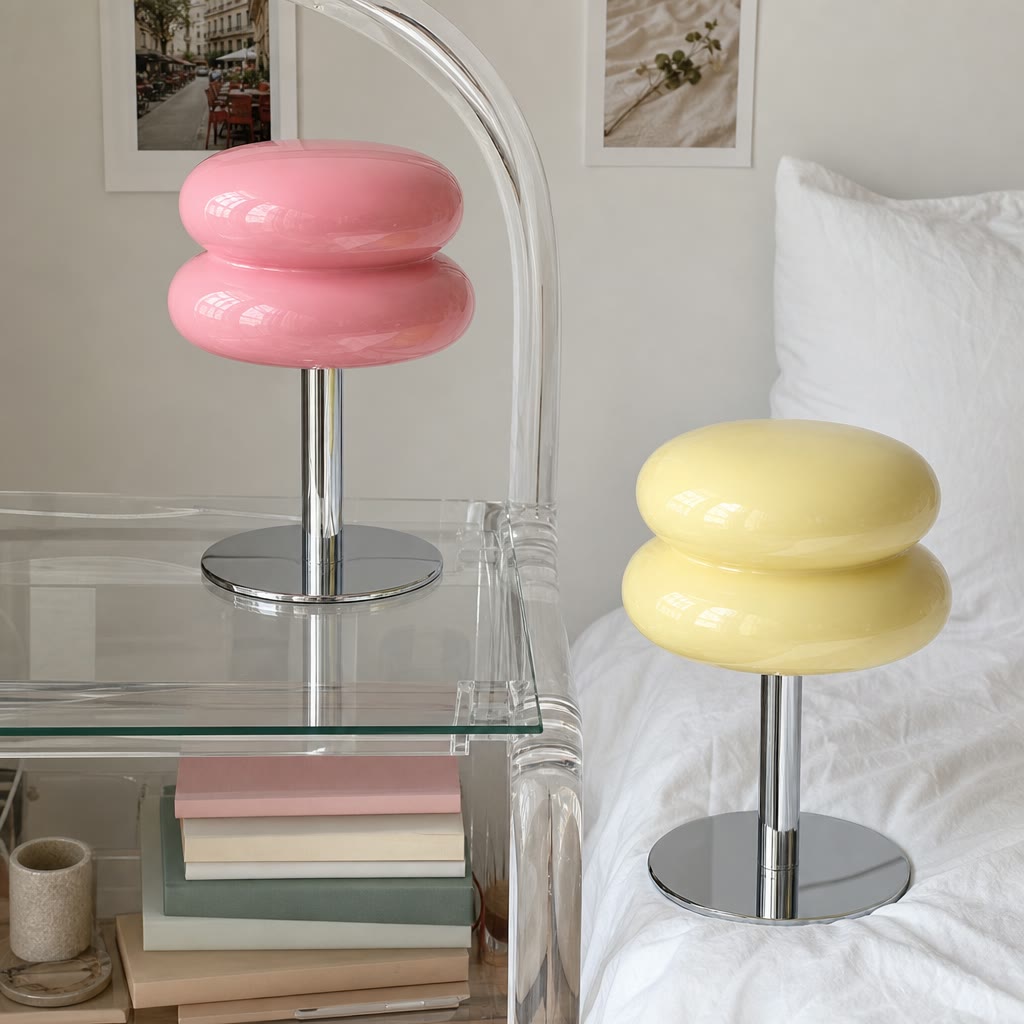 Pink and pale yellow glossy double-donut stools with chrome bases in a bright bedroom.