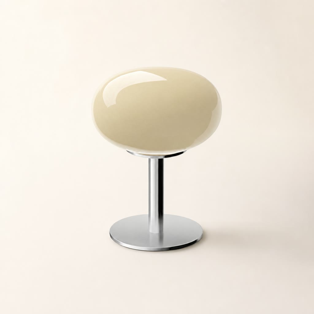 Glossy cream oval stool with a chrome pedestal and round base on a clean studio background.