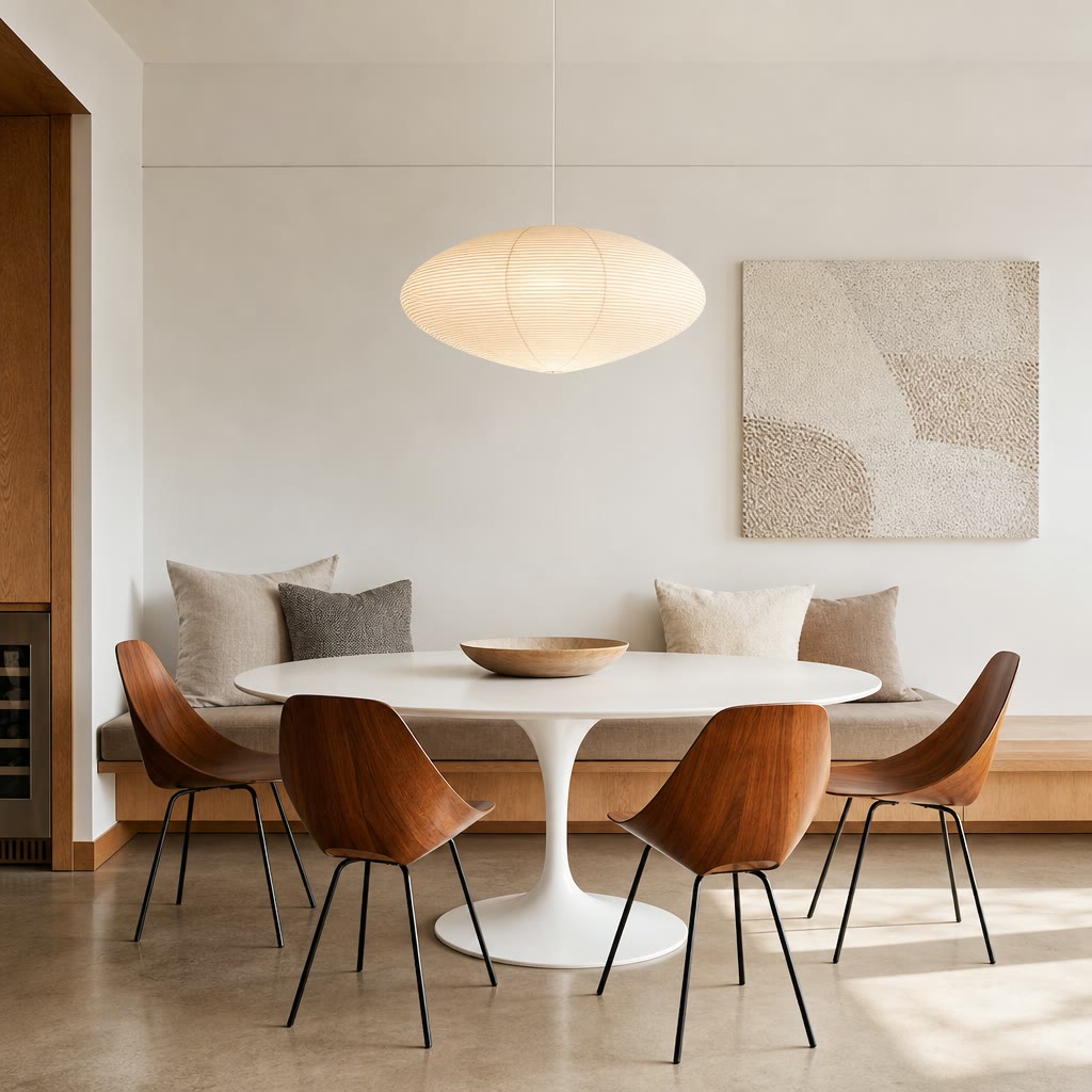 Glowing ribbed white oval pendant lamp above a modern dining table.