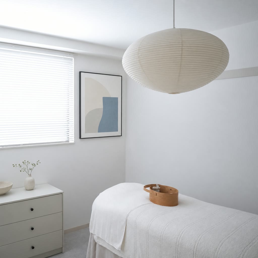 White ribbed paper pendant lamp hanging in a bright minimalist bedroom.