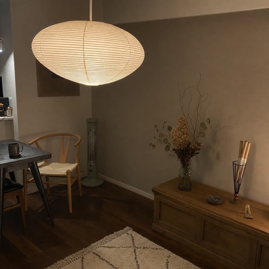 Large ribbed oval paper pendant lamp glows warmly above a cozy dining corner.