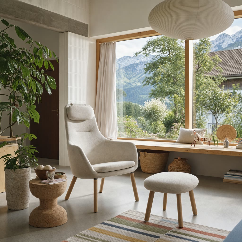 Cream upholstered lounge chair with matching round ottoman in a bright plant-filled living room.