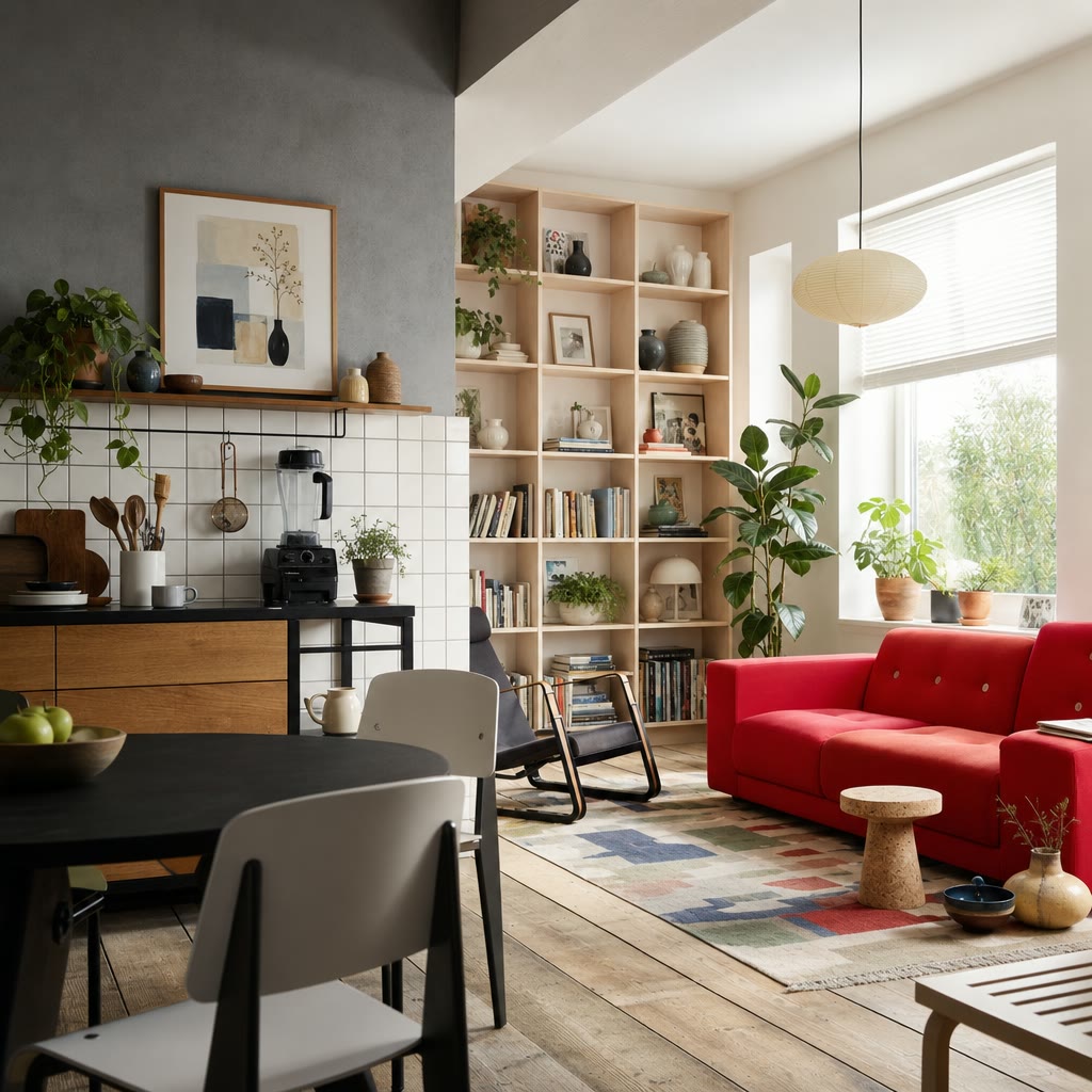 Bright red sofa in a cozy open-plan living room with bookshelves, plants, and a kitchen area.