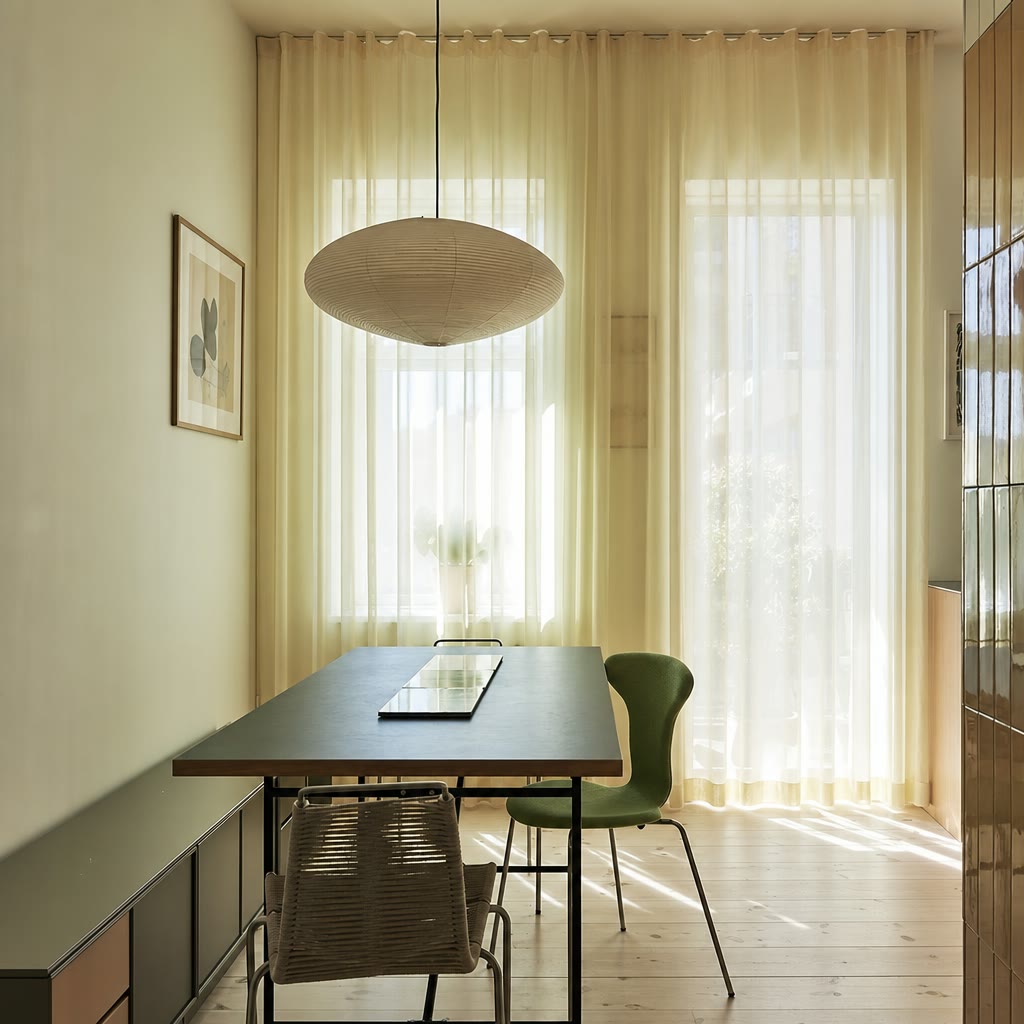 Oval ribbed paper pendant lamp above a dining table in a sunlit room.