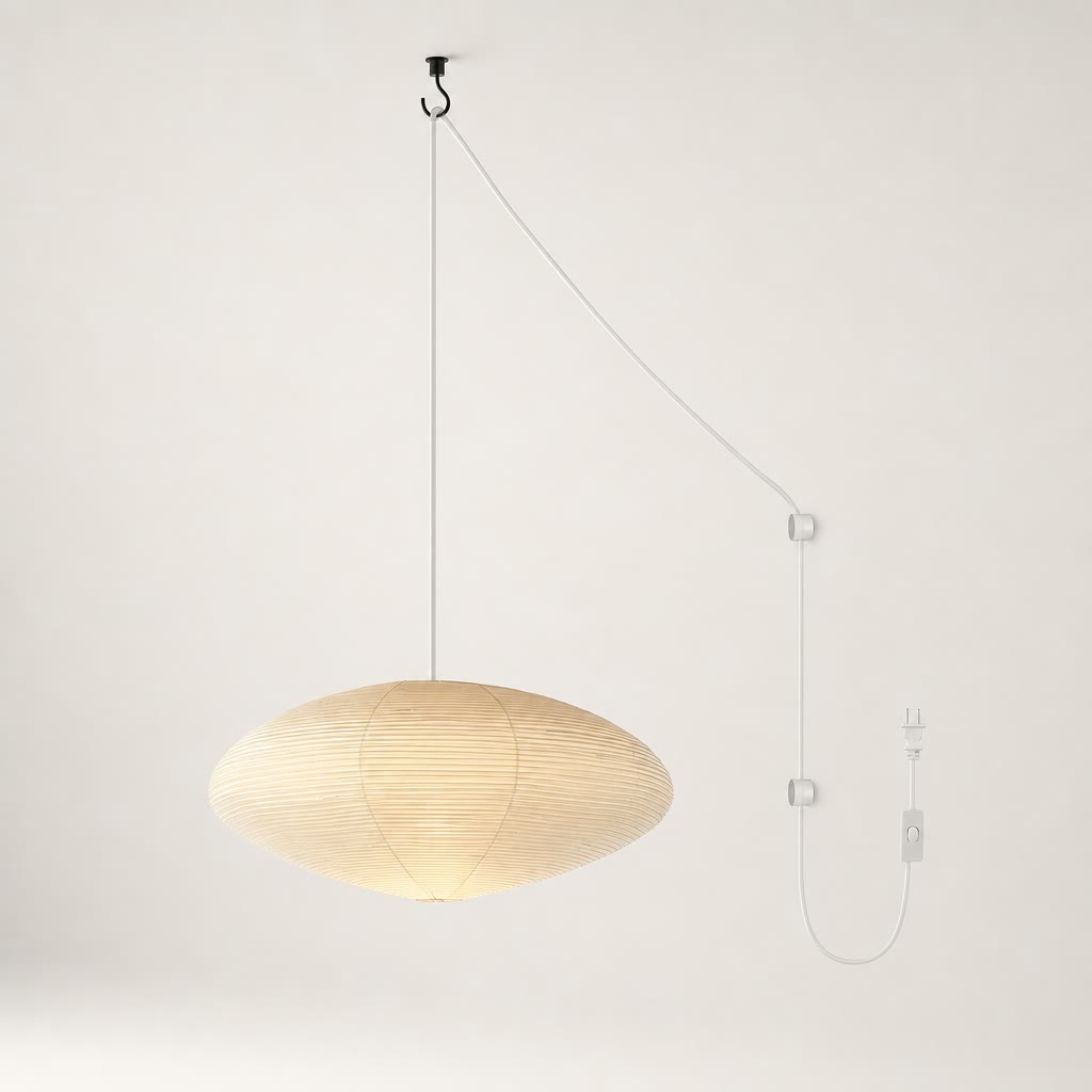 Beige paper pendant lamp with white hanging cord, wall mounts, plug, and inline switch.