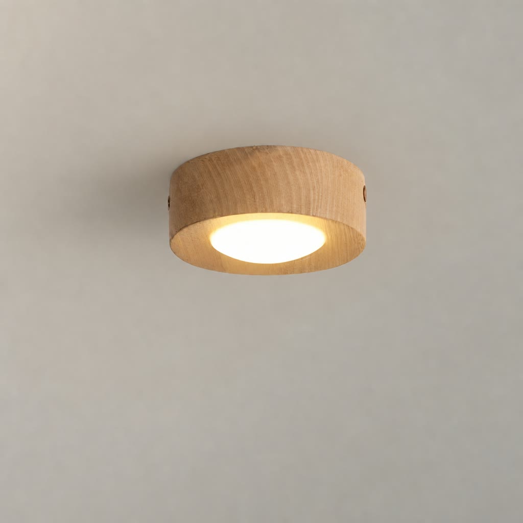 Round wooden ceiling light with a warm glowing diffuser on a plain ceiling.