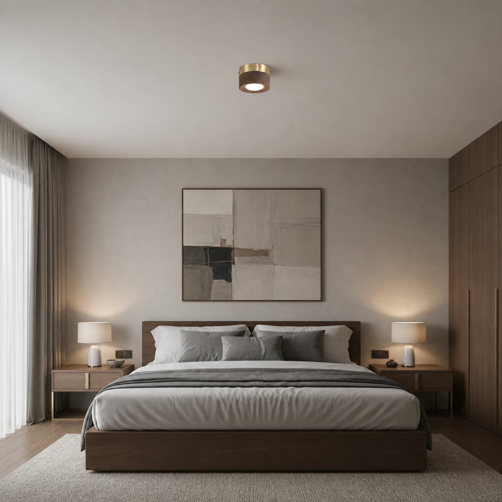 Small round ceiling light in a modern neutral bedroom above a wooden bed.