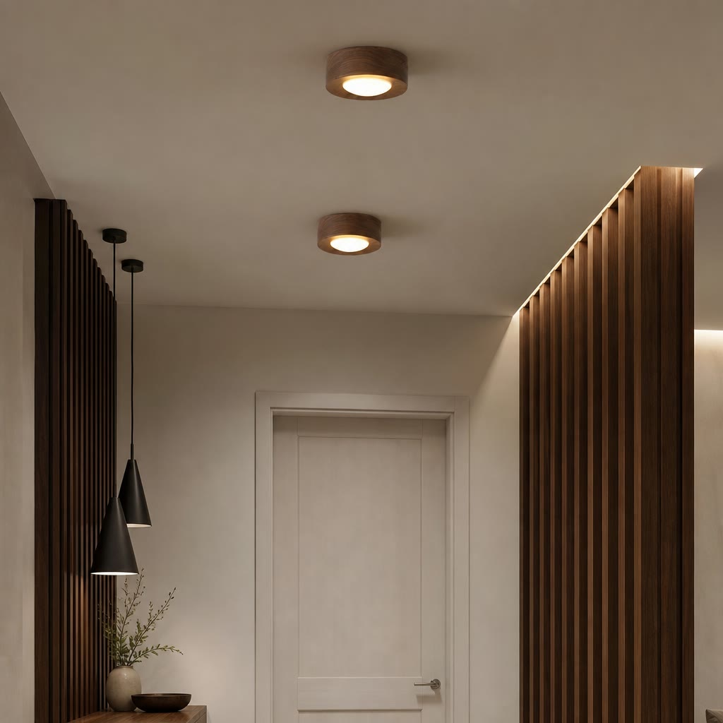 Two round wooden ceiling lights glowing in a modern hallway with dark wood slat walls.