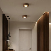 Two round wooden ceiling lights glowing in a modern hallway with dark wood slat walls.