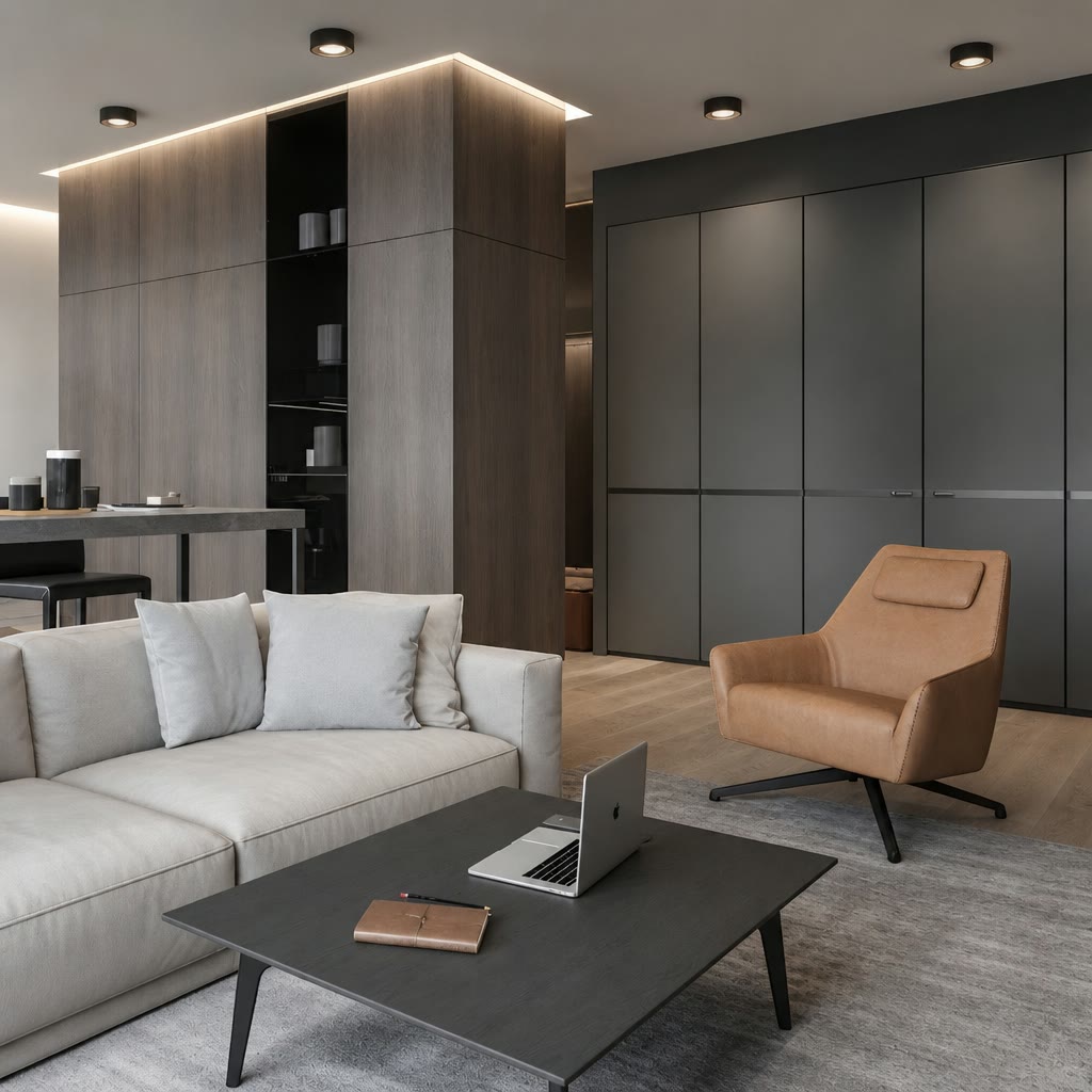 Modern living room with a beige sofa, tan lounge chair, dark coffee table, and built-in cabinets.