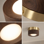 Wood and brushed brass cylindrical ceiling light with glowing frosted diffuser in a four-panel collage.