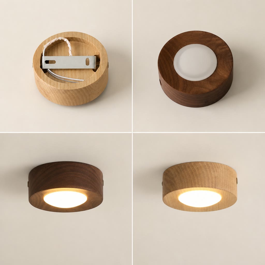 Round wood ceiling lights in natural and dark finishes showing internal mount and warm glowing diffusers.