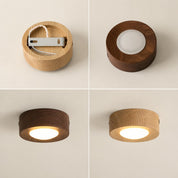 Round wood ceiling lights in natural and dark finishes showing internal mount and warm glowing diffusers.
