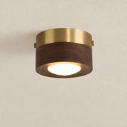 Cylindrical brass and wood ceiling light with a glowing diffuser on a plain neutral ceiling.