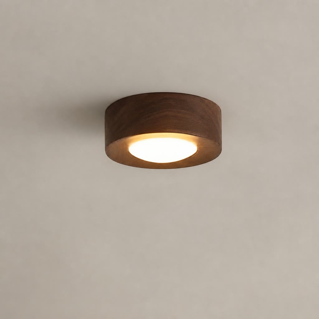 Round wooden flush mount ceiling light with warm glowing diffuser on a plain gray ceiling.