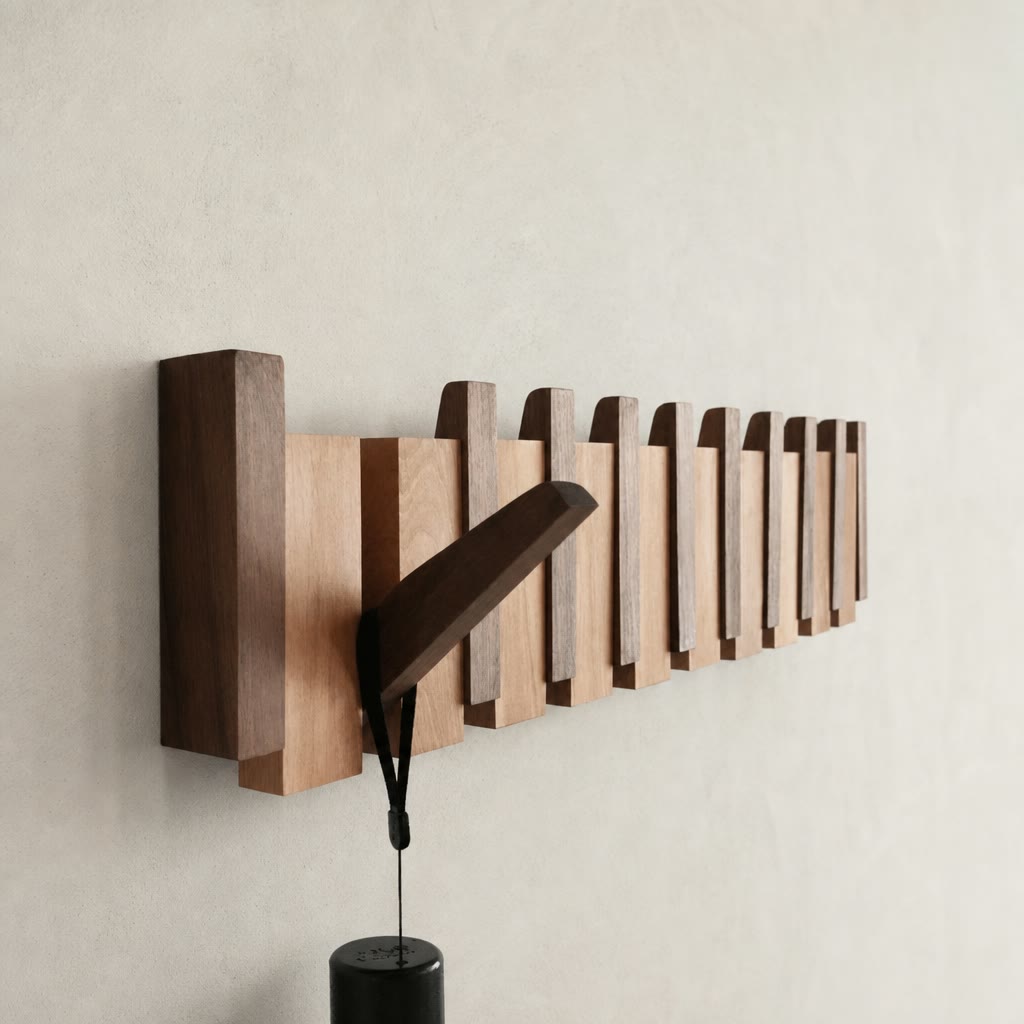 Wooden wall-mounted rail with staggered vertical blocks holding a dark angled lamp.