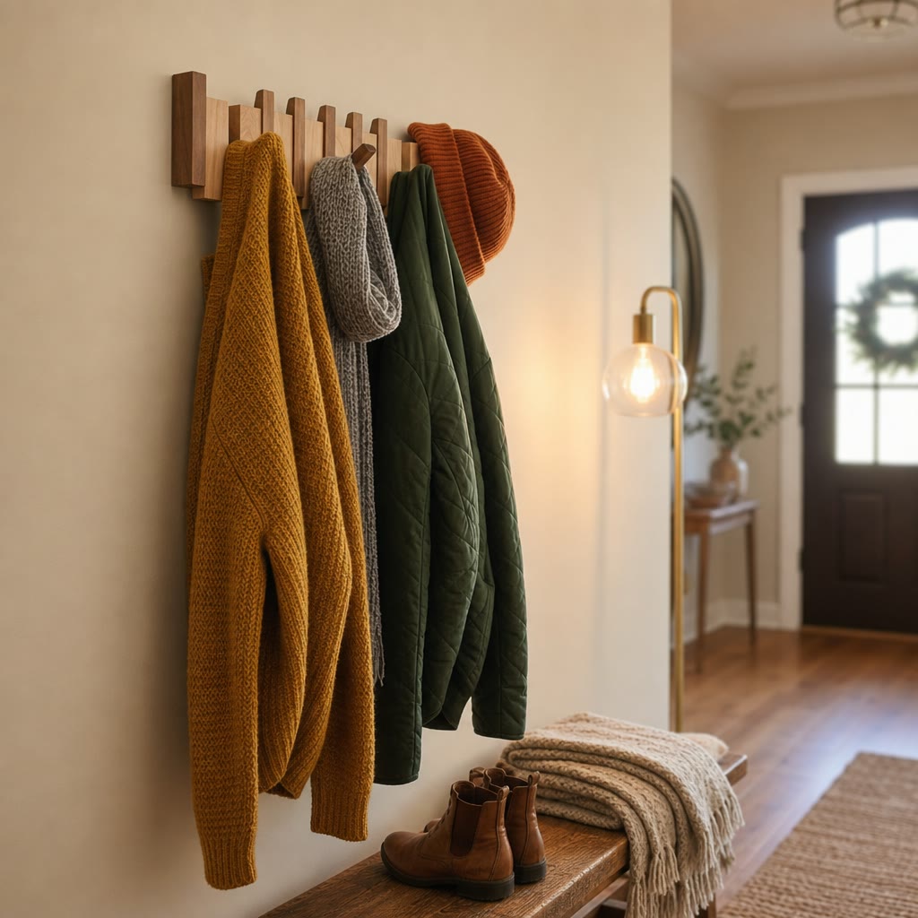 Wooden wall hooks hold a mustard cardigan, gray scarf, green quilted jacket, and orange knit beanie.