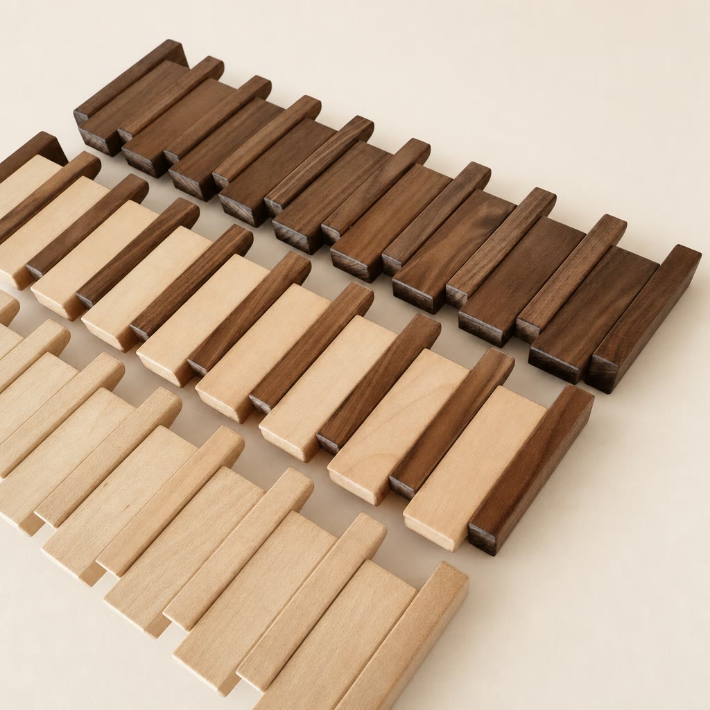 Interlocking light and dark wooden slat mats arranged diagonally on a pale surface.