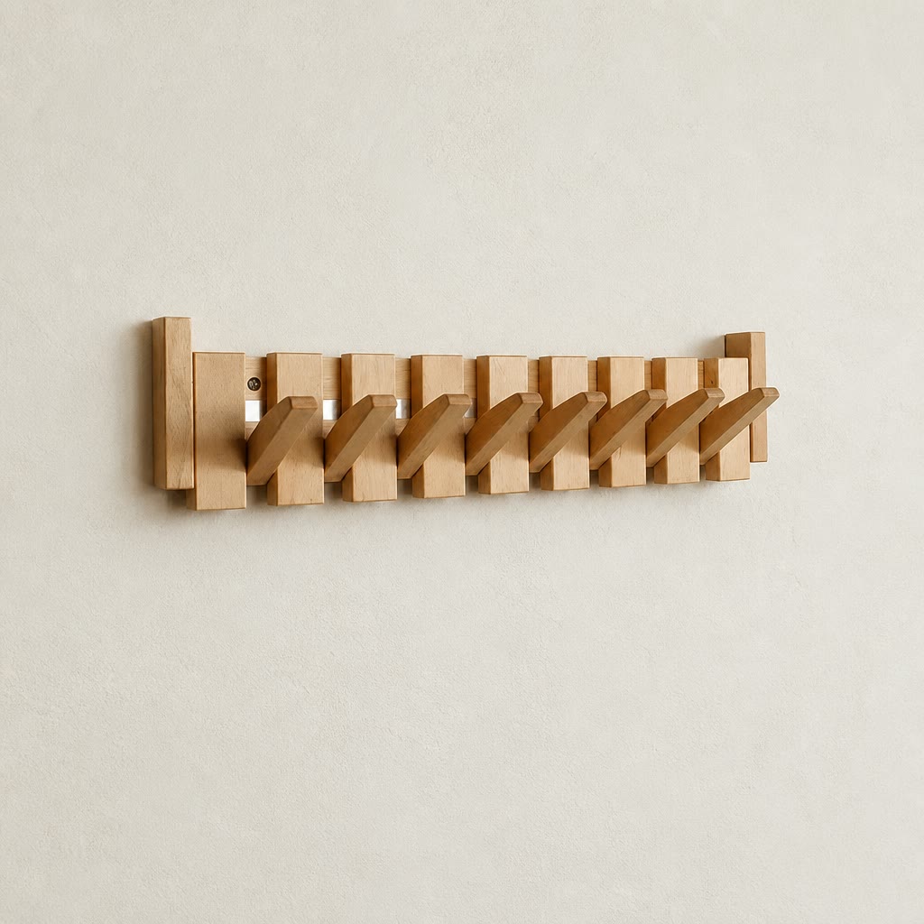 Wooden wall-mounted coat rack with angled pegs on a pale wall.