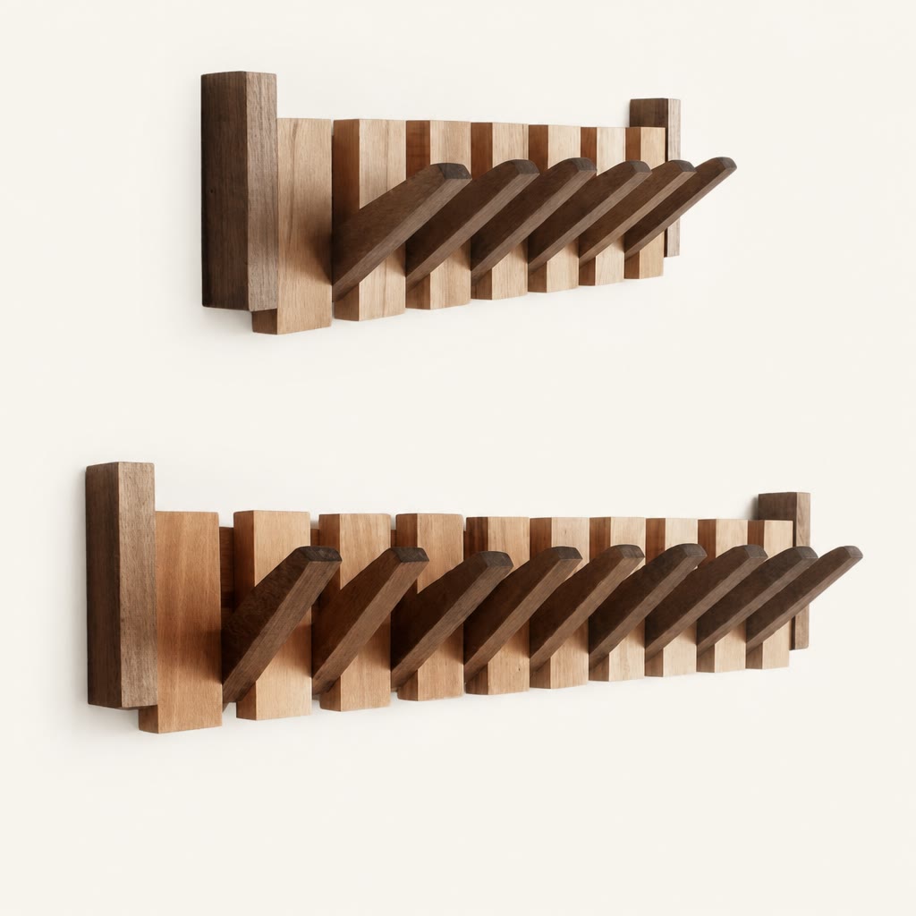 Two wooden wall racks with slatted backs and angled pegs on a plain light background.