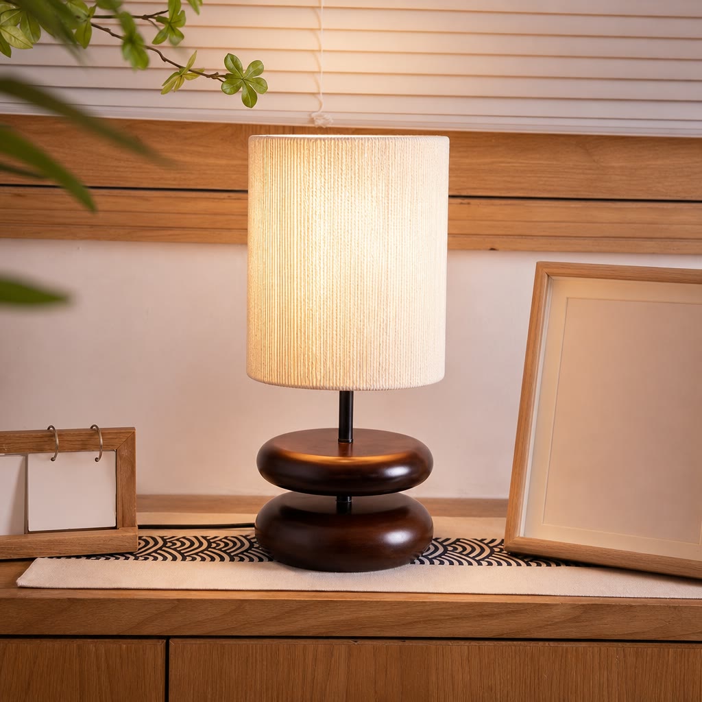 Cream ribbed table lamp with dark brown rounded base on a wooden console.