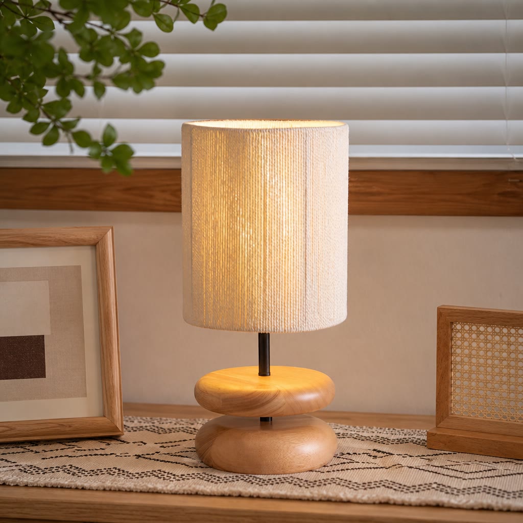 Warm table lamp with a cream ribbed shade and stacked rounded wooden base.