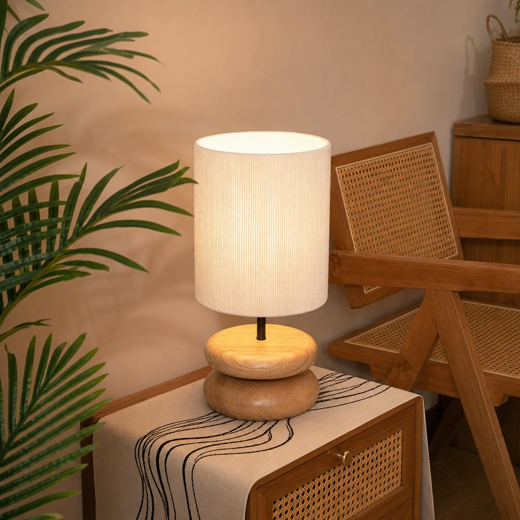 Glowing table lamp with a white fabric shade and rounded wooden base on a rattan cabinet.
