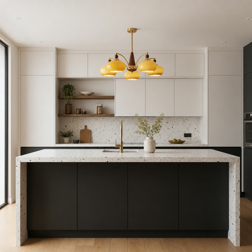 Amber yellow multi-globe pendant light above a modern kitchen island.