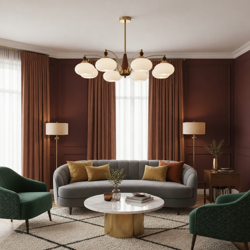 Brass chandelier with six glowing white glass shades in an elegant living room.