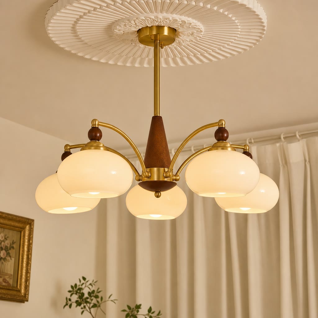 Brass and wood five-light chandelier with glowing cream glass shades mounted beneath a decorative ceiling medallion.