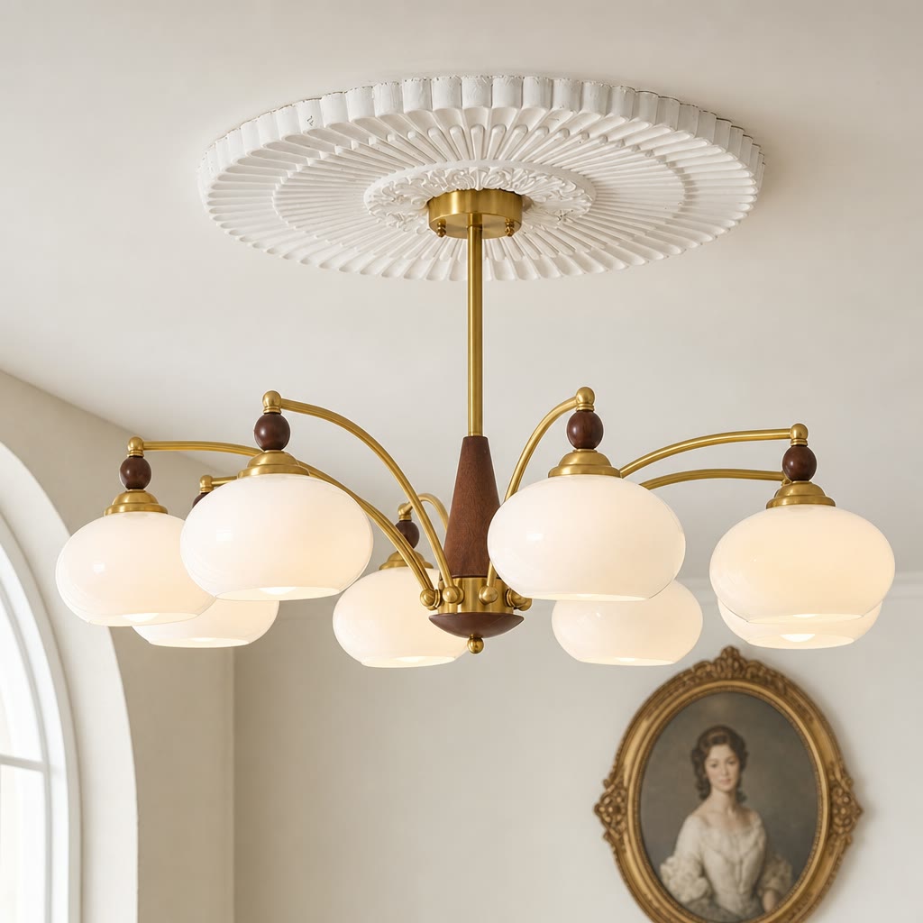 Brass and wood chandelier with six glowing white glass globes under a white ceiling medallion.