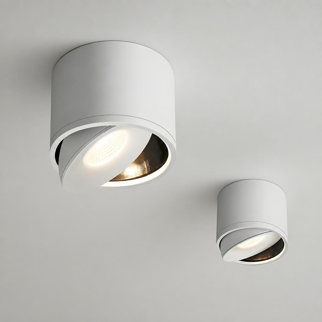 Two white adjustable cylindrical ceiling spotlights with warm glowing recessed bulbs.